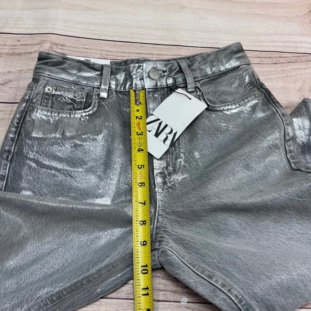 ZARA Metallic‎ Slim Fit Mid Rise Jeans Silver Women Size 2 34
